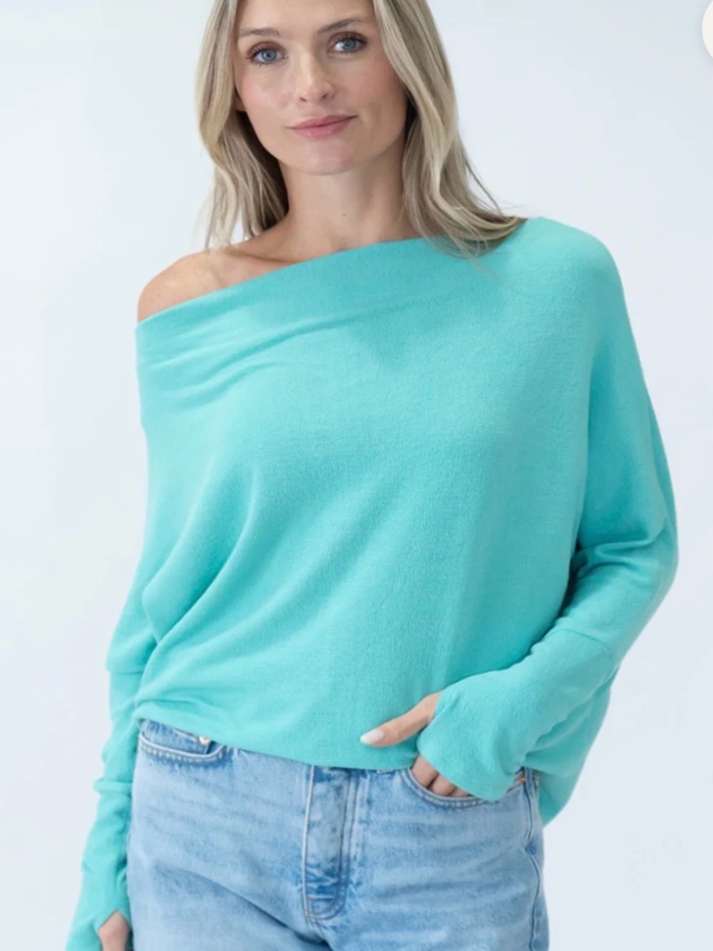 Light Aqua Off-Shoulder Women's Sweater Top